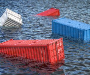 Shipping cargo container lost in the sea or ocean. Cargo isurance concept. 3d illustration